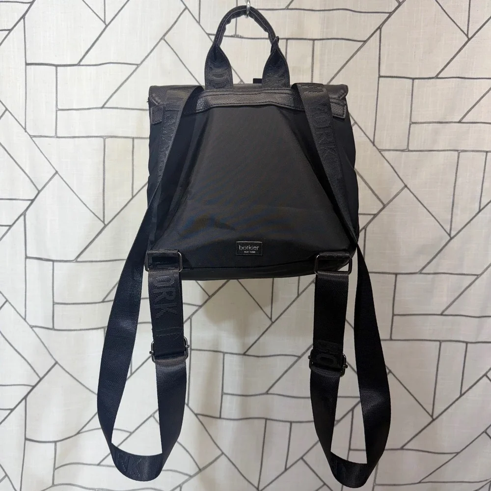 Botkier Backpack Small Black Nylon Leather Trim Logo Straps Zipper Pockets